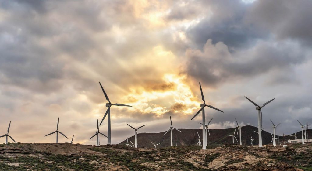 Windmills at dusk. Green Mountain Energy