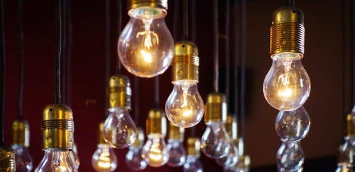 light bulbs illuminated hanging from the ceiling