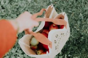 a canvas bag holding apples