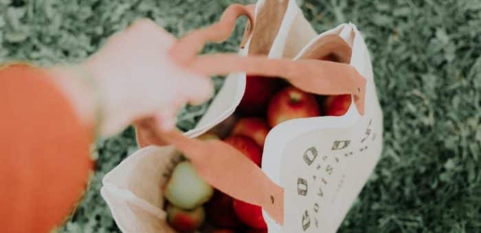a canvas bag holding apples
