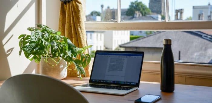A desk with a green plant, computer, phone, and water bottle on it, looking out a window with a city view