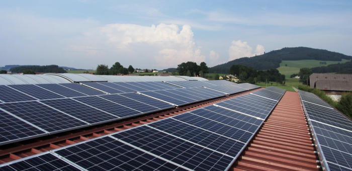 a photograph of four rows of solar panels on a roof