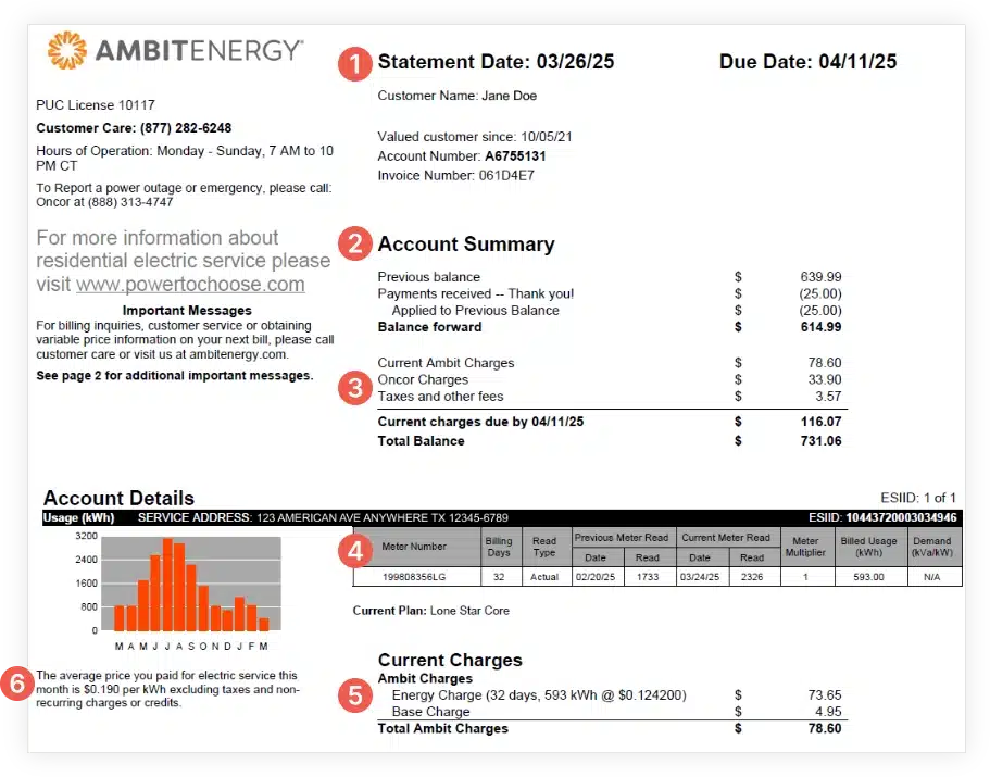 Sample Electricity Bill from Ambit Energy